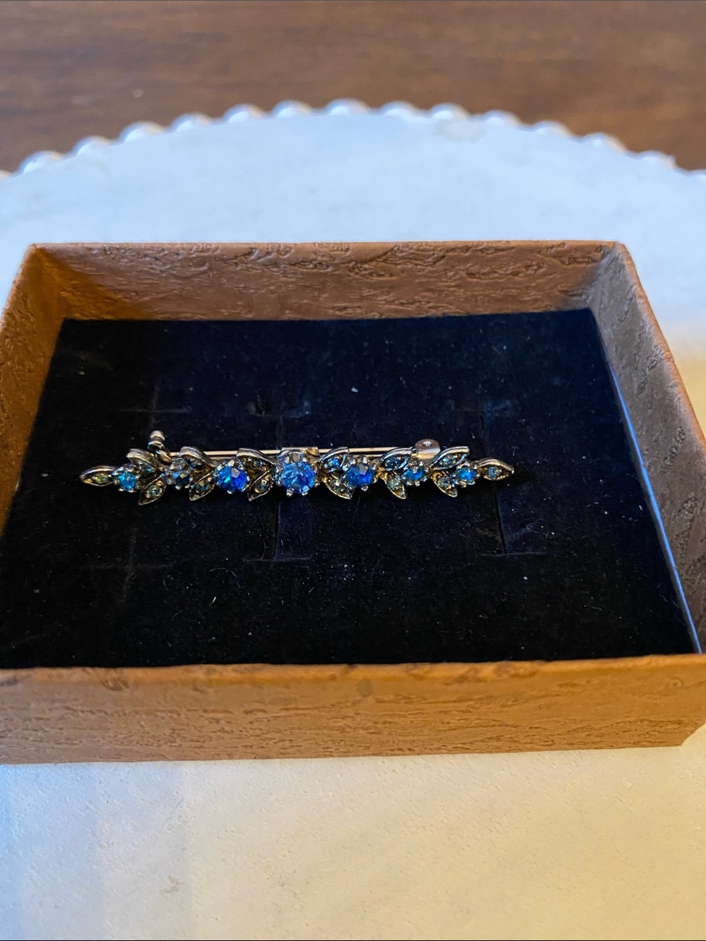 Vintage Victorian Revival Bar Brooch with deep blue crystals